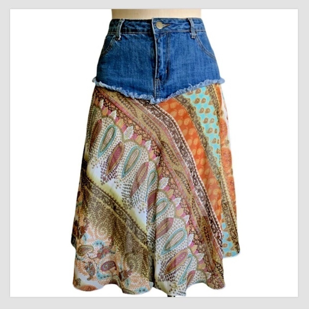 BOHO Mixed Media Denim Patchwork‎ Midi Skirt Sz 11 by Star City #232A